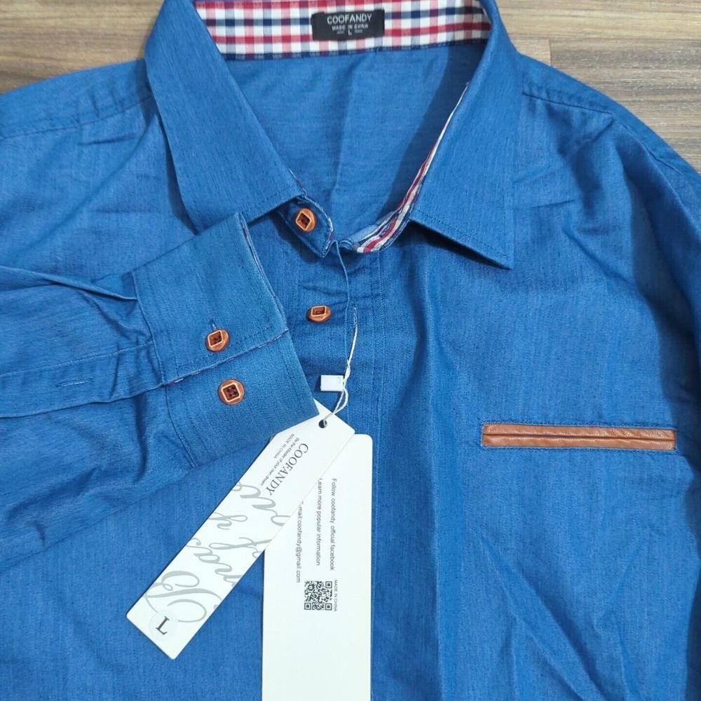 Coofandy Men‎ Size L Button Up Long Sleeve  Denim Casual Dress Shirt